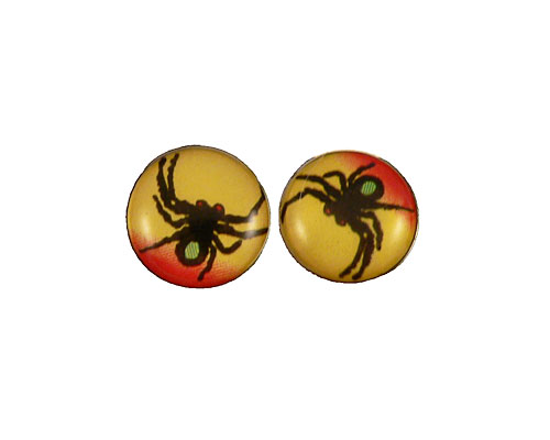 Se mere om ørestikker i gul og rødlig farve med sort edderkop i web-butikken