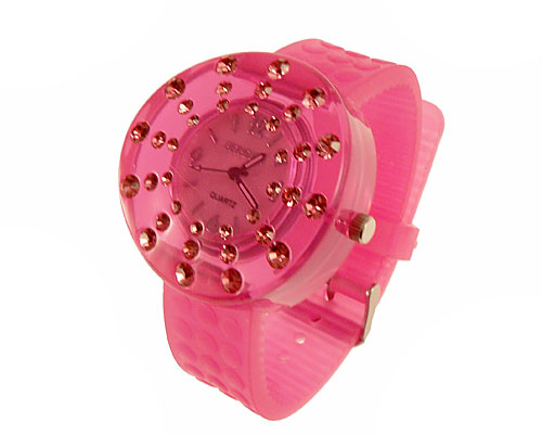 Se mere om gennemsigtigt gummi ur i lyserød farve med lyserøde sten i web-butikken