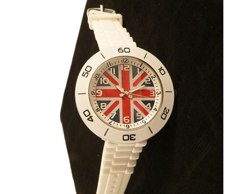 Se mere om hvidt silikone sportsur med engelsk flag i web-butikken