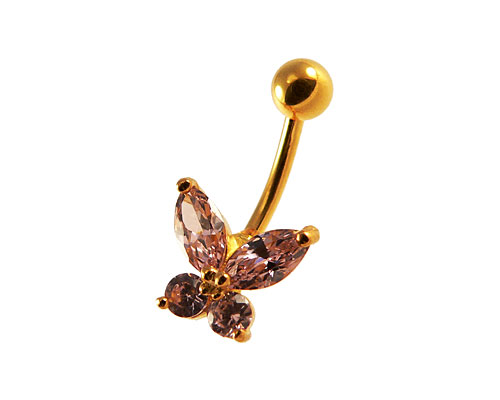 Se mere om navle piercing i guld med sommerfulg i lyserøde sten i web-butikken