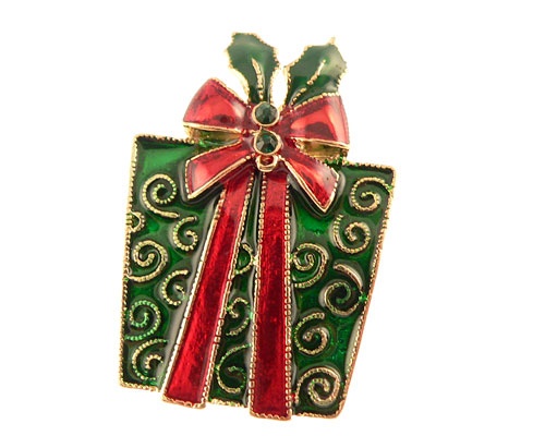 Se mere om broche af gave i grøn farve med rød sløjfe i web-butikken
