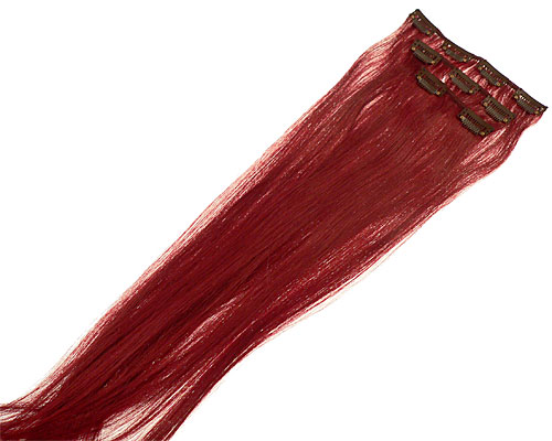Se mere om 60 cm langt clip on hår i et sæt med 3 baner i rødbrun farve i web-butikken