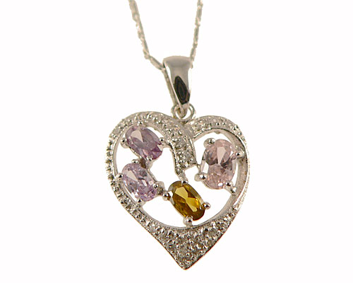 Se mere om halskæde af sølv med hjerte vedæng med lyserøde og gullig sten i web-butikken