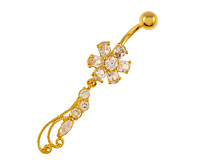 Se mere om Elegant kvalitetspiercing i guld med blomst og vedhæng med klare sten i web-butikken