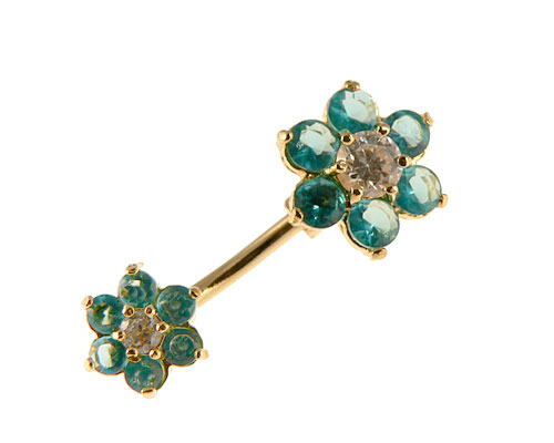 Se mere om guldbelagt navle piercing med lyseblå blomster i begge ender i web-butikken