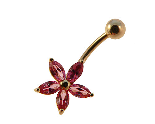 Se mere om flot guldbelagt navle piercing med blomst der har fem blade med lyserøde sten i web-butikken