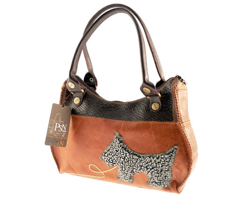 Se mere om psn håndtaske i brune farver med lille hund i web-butikken