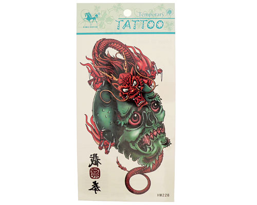 Se mere om supersej tattoo med kranie og rød drage i web-butikken