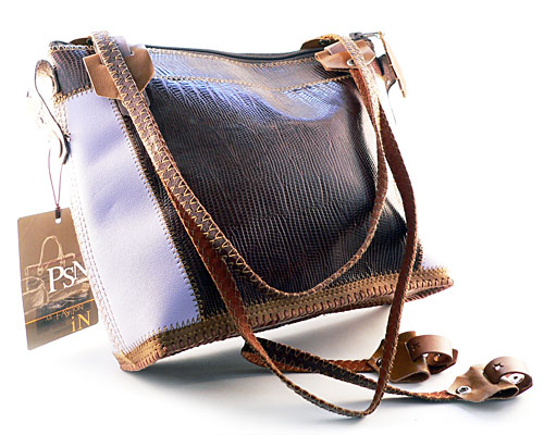 Se mere om taske af ægte læder i brun og lys lilla farve.  i web-butikken